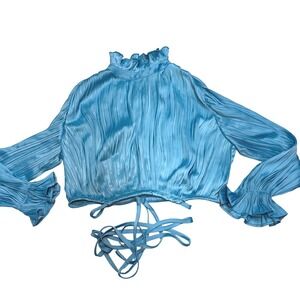 NWT Ipekyol Turquoise Pleated Cropped Blouse Ruffle High Neck Mermaidcore